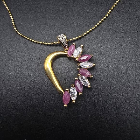 Ruby CZ Heart Pendant Necklace Gold Plated Chain - Picture 1 of 7